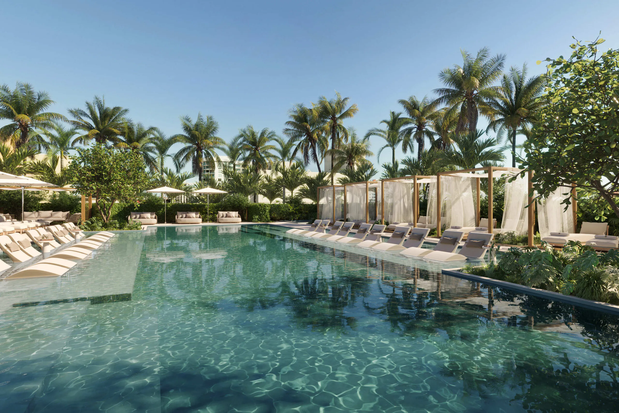 Signature Pool and cabanas at Banyan Tree Residences, luxury condos in West Palm Beach
