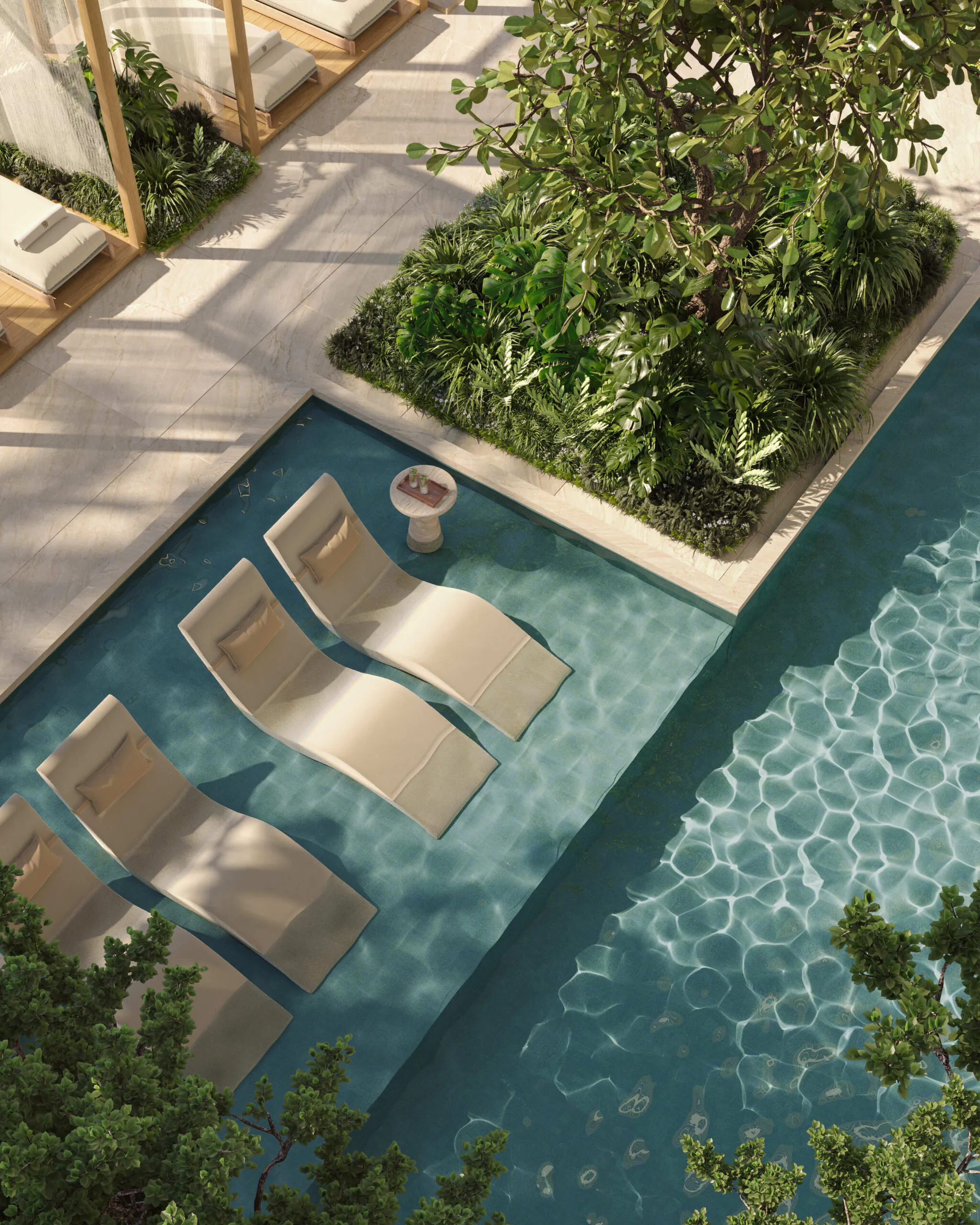 Aerial view of the Banyan Tree Signature Pool with in-water loungers and cabanas in West Palm Beach