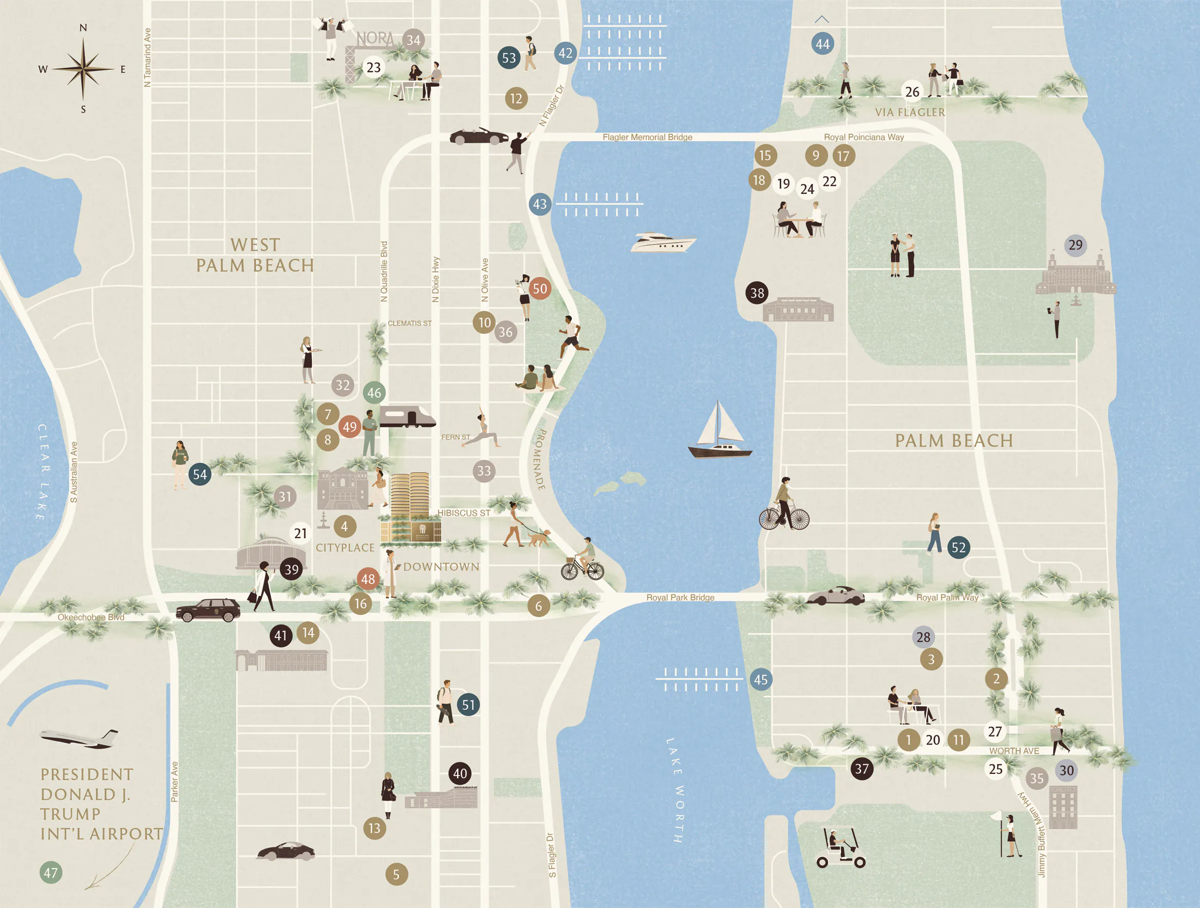 West Palm Beach illustrated map showing landmarks and waterways